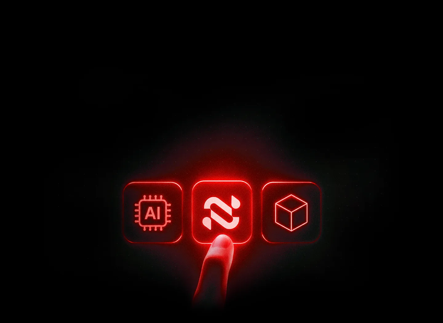 Finger pressing the Navia logo between red glowing technology icons